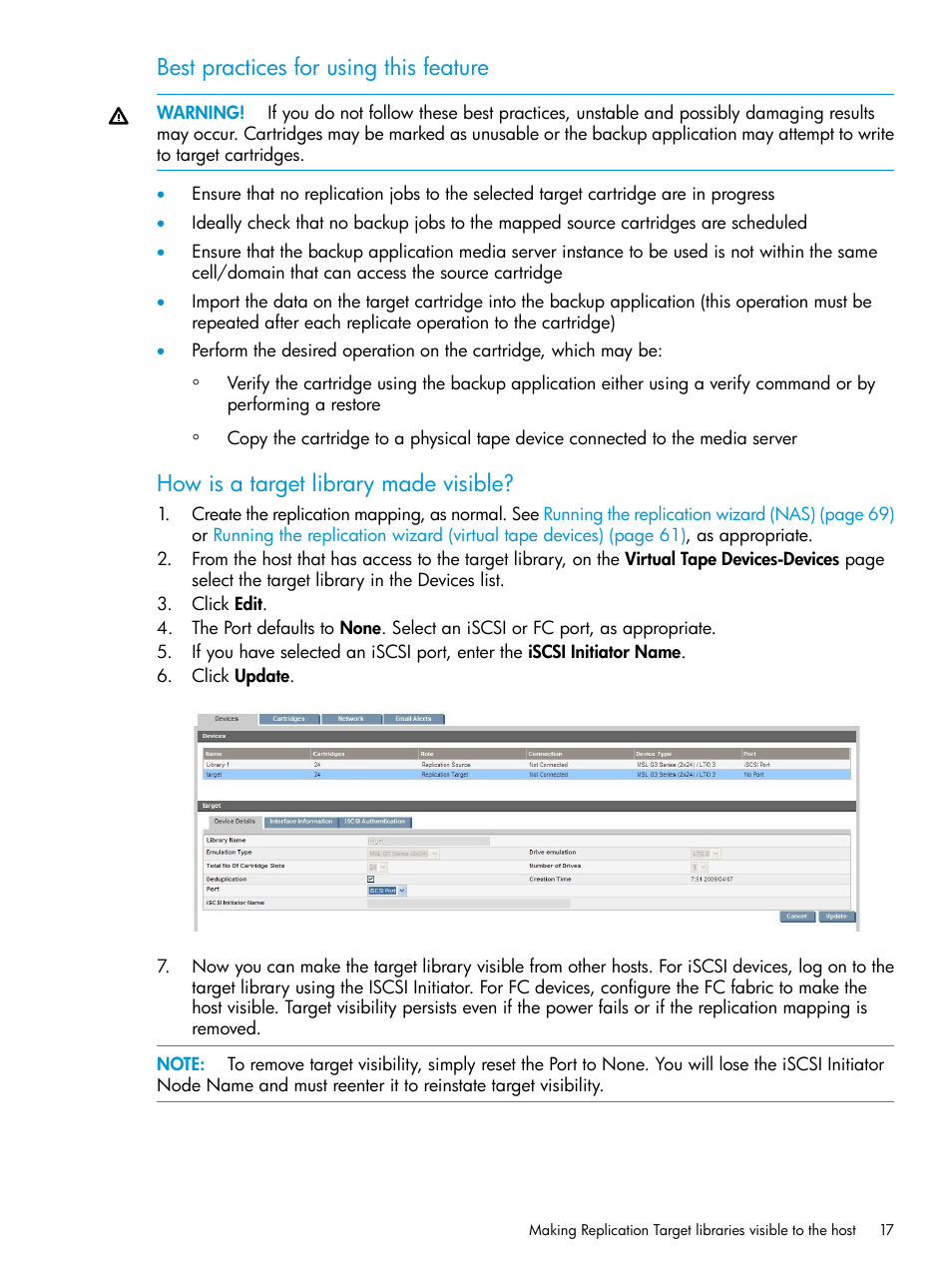 Best practices for using this feature, How is a target library made visible | HP StoreOnce Backup User Manual | Page 17 / 178