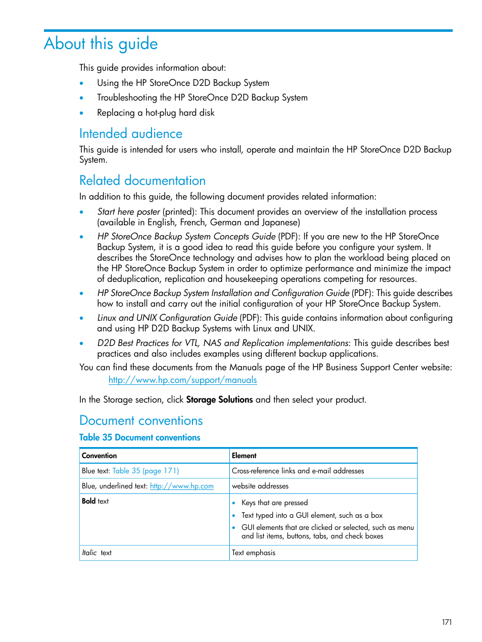 About this guide, Intended audience, Related documentation | Document conventions | HP StoreOnce Backup User Manual | Page 171 / 178