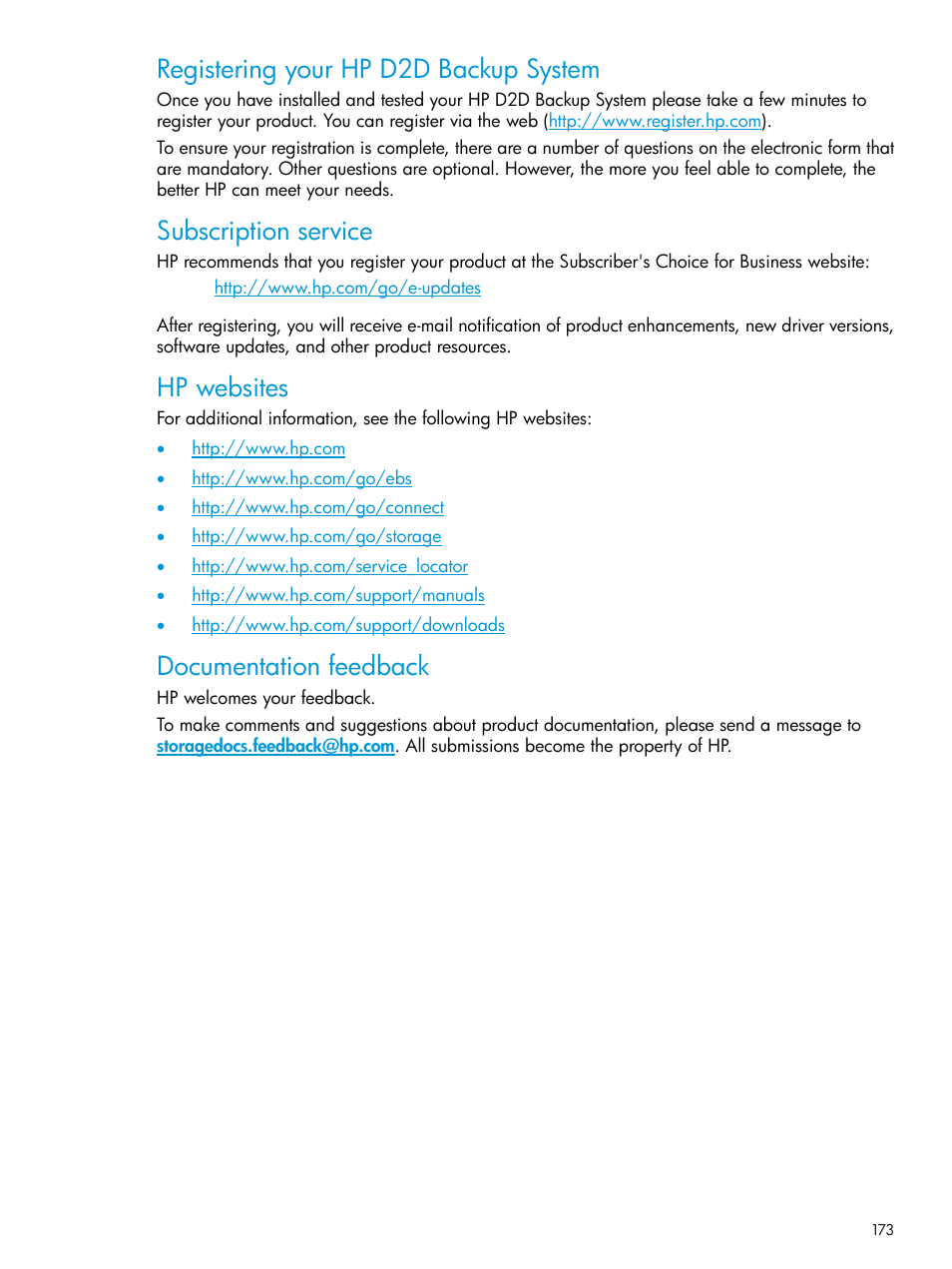 Registering your hp d2d backup system, Subscription service, Hp websites | Documentation feedback | HP StoreOnce Backup User Manual | Page 173 / 178