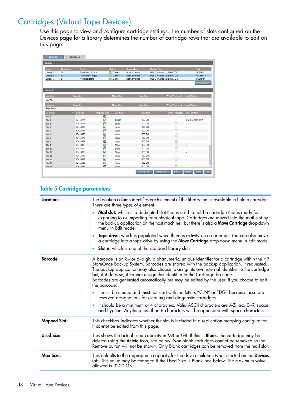 Cartridges (virtual tape devices) | HP StoreOnce Backup User Manual | Page 18 / 178