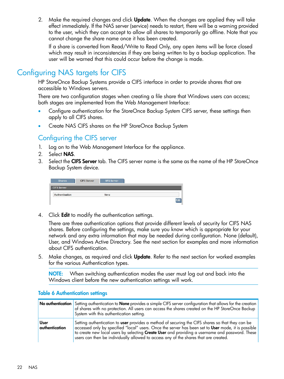 Configuring nas targets for cifs, Cifs server (nas), Configuring the cifs server | HP StoreOnce Backup User Manual | Page 22 / 178