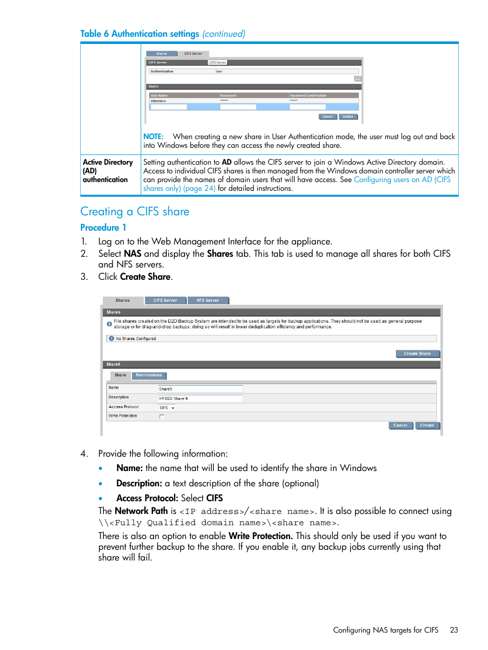 Creating a cifs share | HP StoreOnce Backup User Manual | Page 23 / 178