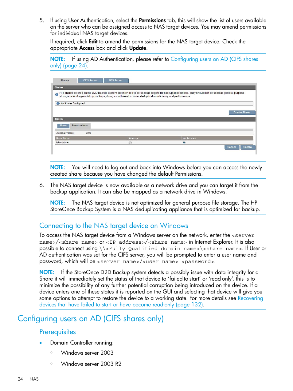 Configuring users on ad (cifs shares only), Connecting to the nas target device on windows, Prerequisites | HP StoreOnce Backup User Manual | Page 24 / 178