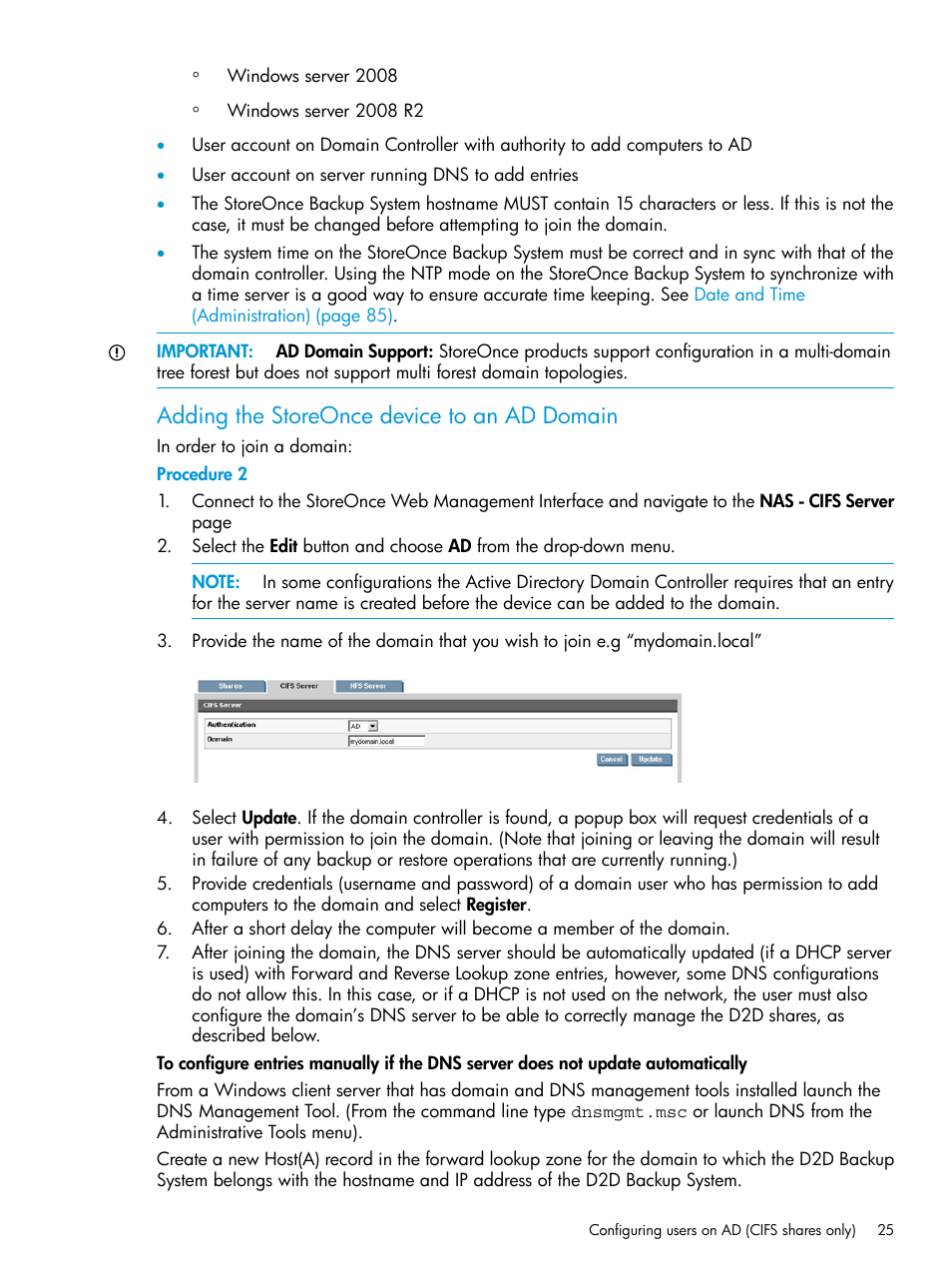 Adding the storeonce device to an ad domain | HP StoreOnce Backup User Manual | Page 25 / 178