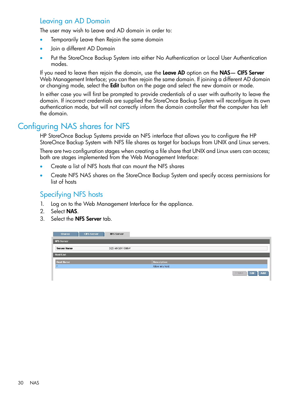 Configuring nas shares for nfs, Nfs server (nas), Leaving an ad domain | Specifying nfs hosts | HP StoreOnce Backup User Manual | Page 30 / 178