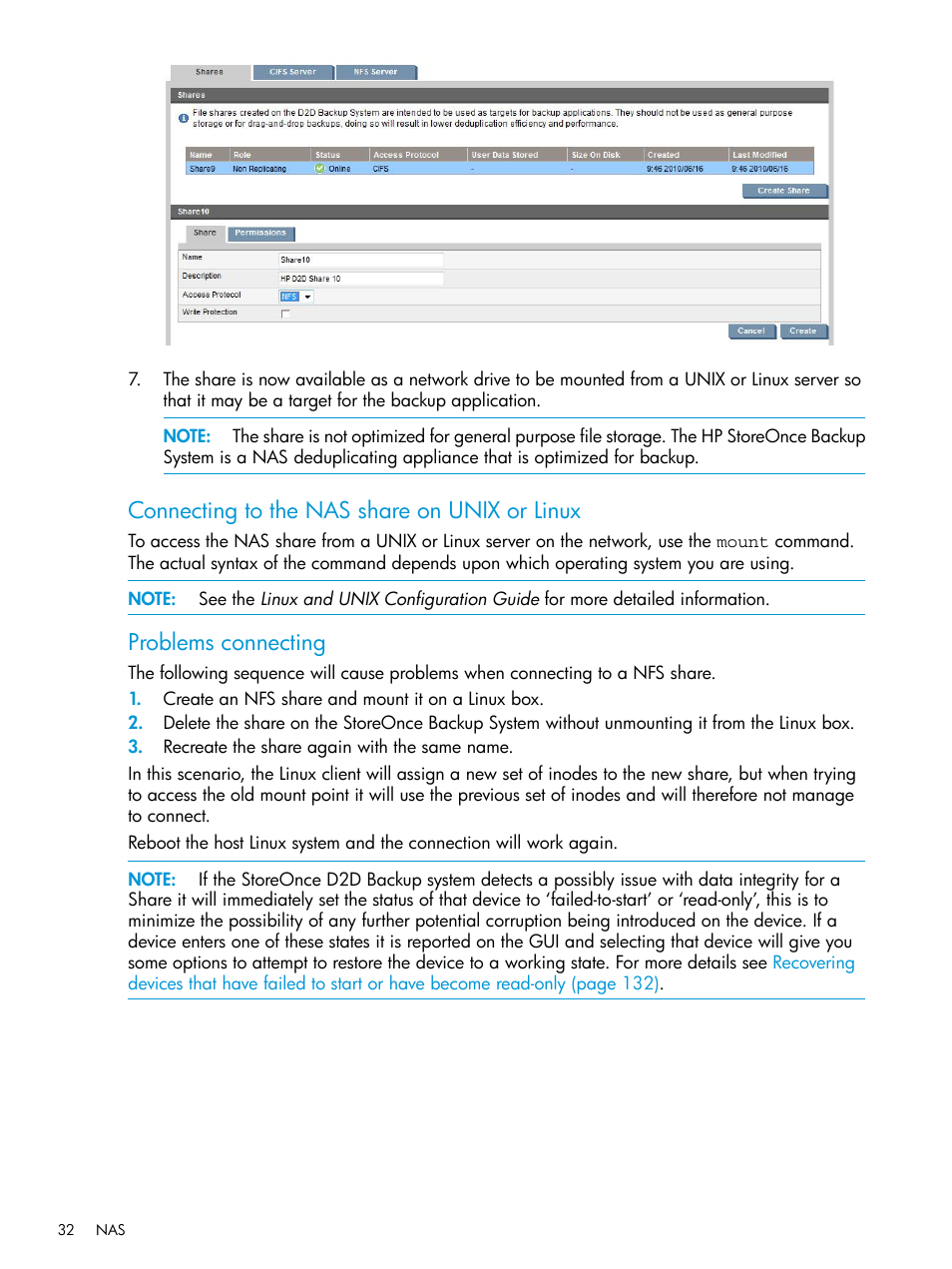 Connecting to the nas share on unix or linux, Problems connecting | HP StoreOnce Backup User Manual | Page 32 / 178