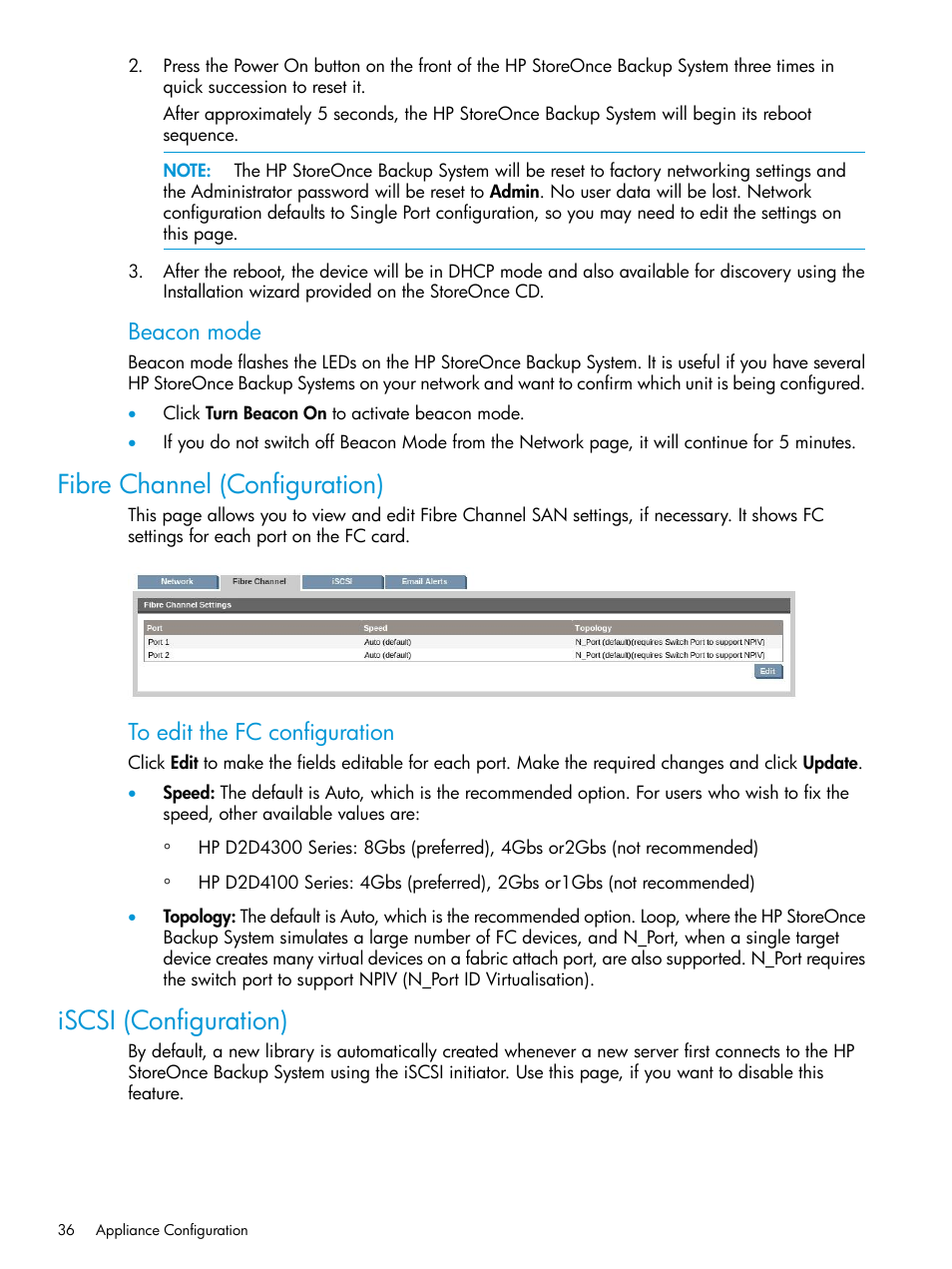 Fibre channel (configuration), Iscsi (configuration), Beacon mode | HP StoreOnce Backup User Manual | Page 36 / 178