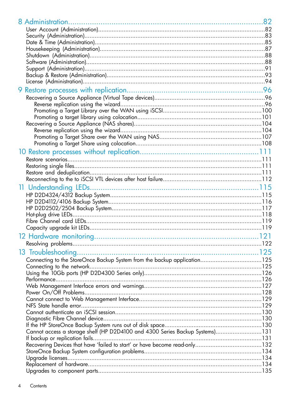 8 administration, 9 restore processes with replication, 10 restore processes without replication | 11 understanding leds, 12 hardware monitoring, 13 troubleshooting | HP StoreOnce Backup User Manual | Page 4 / 178