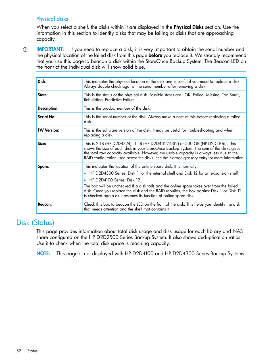 Disk (status), Physical disks | HP StoreOnce Backup User Manual | Page 52 / 178