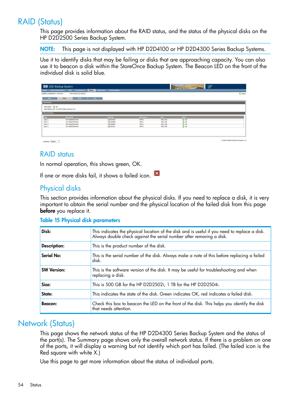 Raid (status), Network (status), Raid (status) network (status) | Raid status, Physical disks | HP StoreOnce Backup User Manual | Page 54 / 178