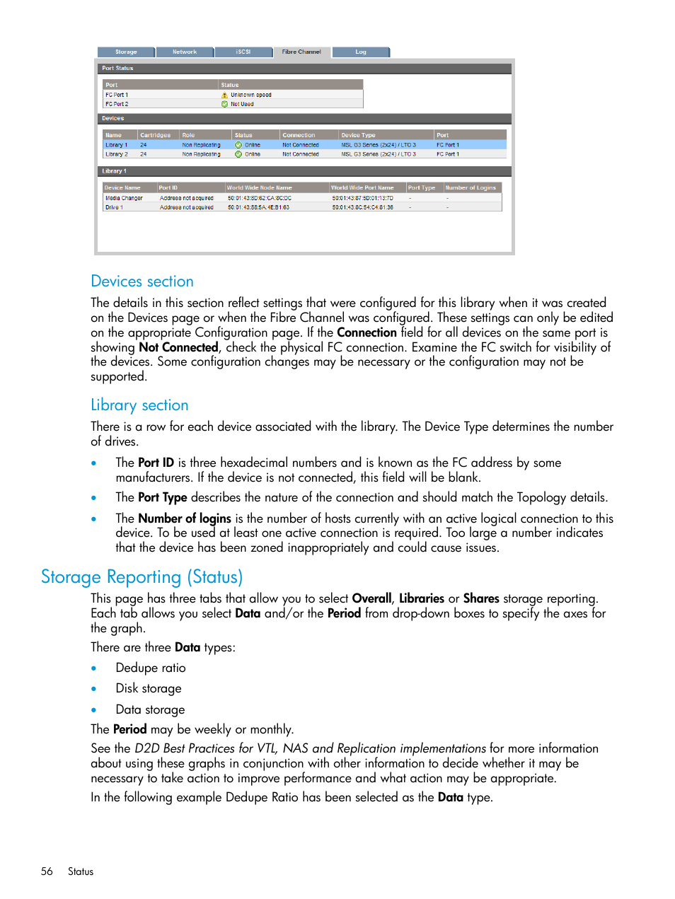 Storage reporting (status) | HP StoreOnce Backup User Manual | Page 56 / 178