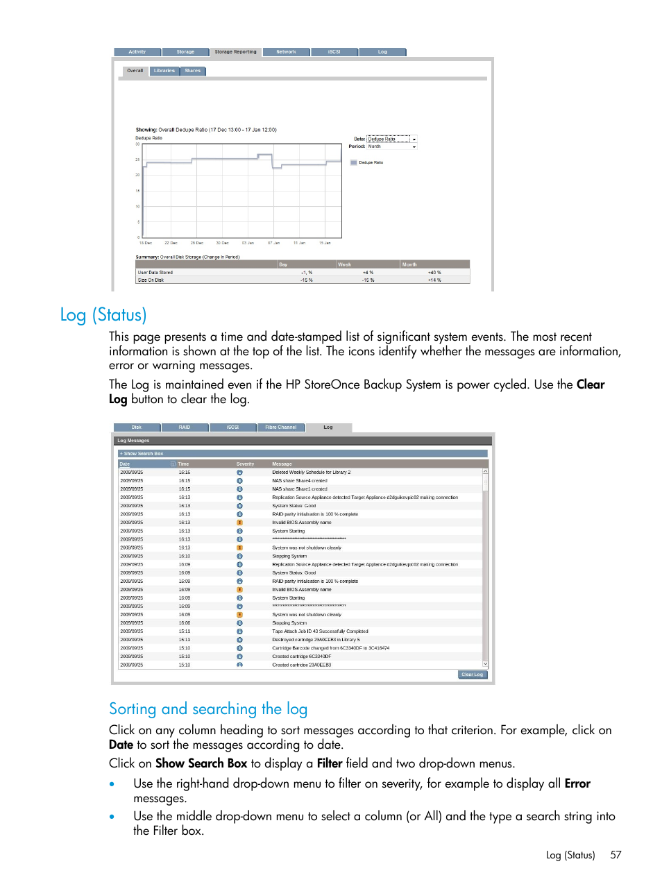 Log (status), Sorting and searching the log | HP StoreOnce Backup User Manual | Page 57 / 178