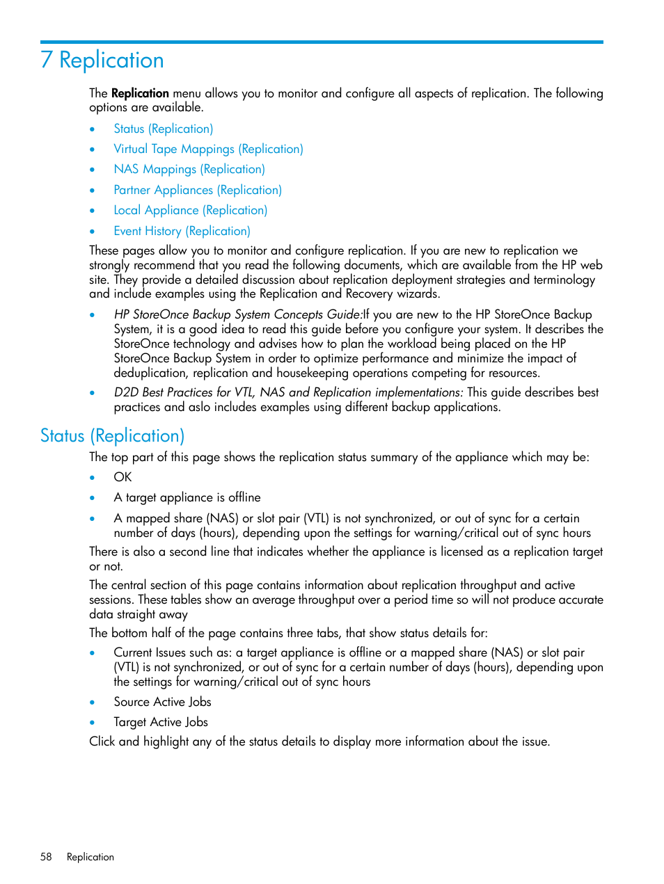 7 replication, Status (replication) | HP StoreOnce Backup User Manual | Page 58 / 178