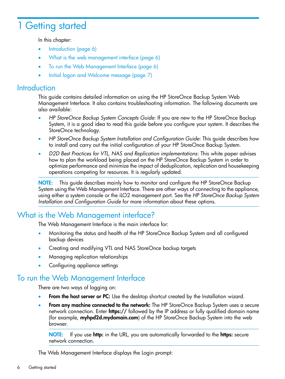 1 getting started, Introduction, What is the web management interface | To run the web management interface | HP StoreOnce Backup User Manual | Page 6 / 178