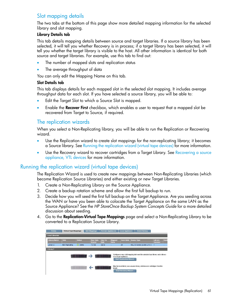 Slot mapping details, The replication wizards | HP StoreOnce Backup User Manual | Page 61 / 178