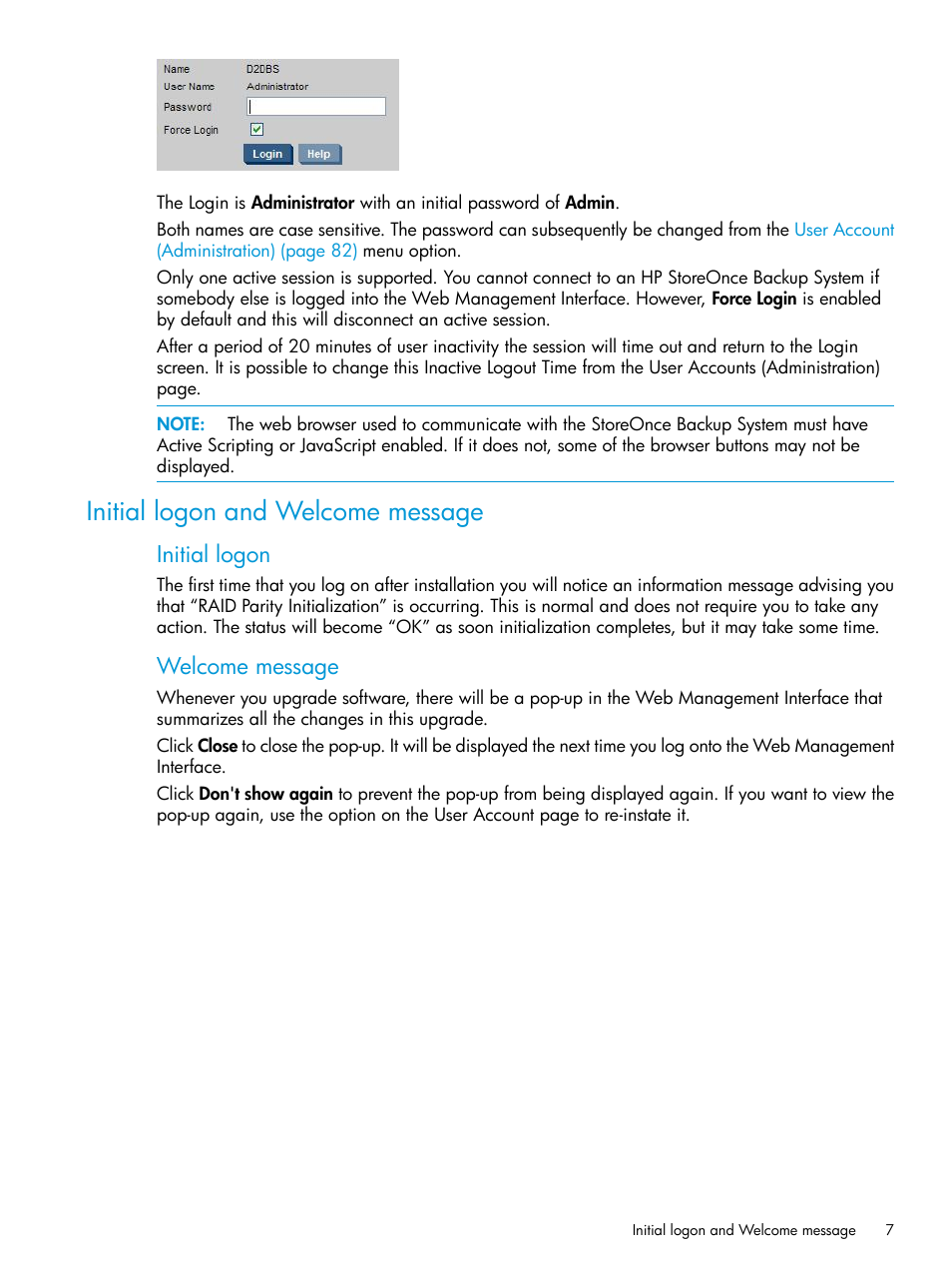 Initial logon and welcome message, Initial logon, Welcome message | HP StoreOnce Backup User Manual | Page 7 / 178