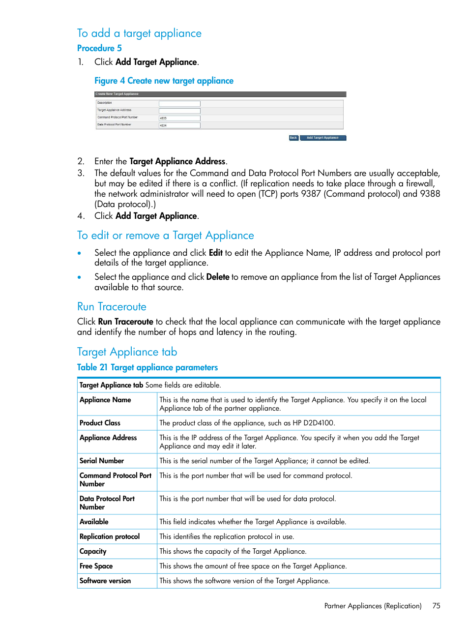 Run traceroute, Target appliance tab | HP StoreOnce Backup User Manual | Page 75 / 178