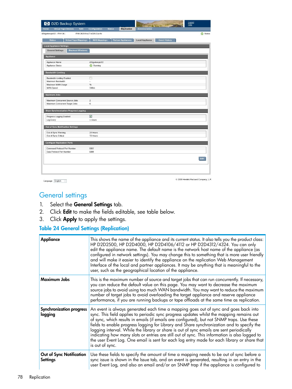 General settings | HP StoreOnce Backup User Manual | Page 78 / 178