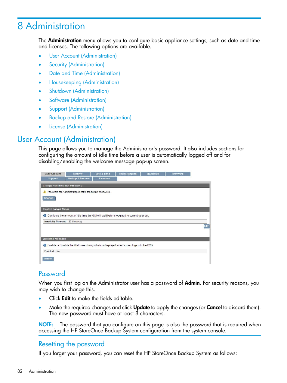 8 administration, User account (administration), Password | Resetting the password | HP StoreOnce Backup User Manual | Page 82 / 178