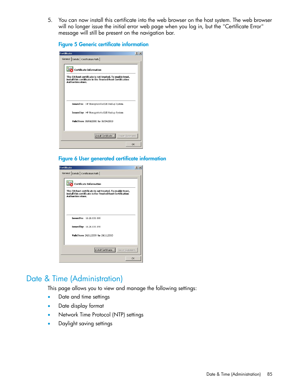 Date & time (administration), Date and time (administration) | HP StoreOnce Backup User Manual | Page 85 / 178