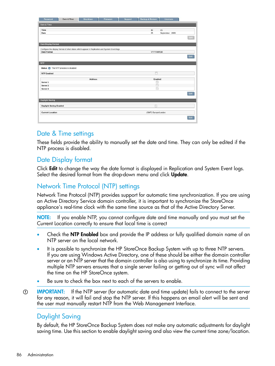 Date & time settings, Date display format, Network time protocol (ntp) settings | Daylight saving | HP StoreOnce Backup User Manual | Page 86 / 178