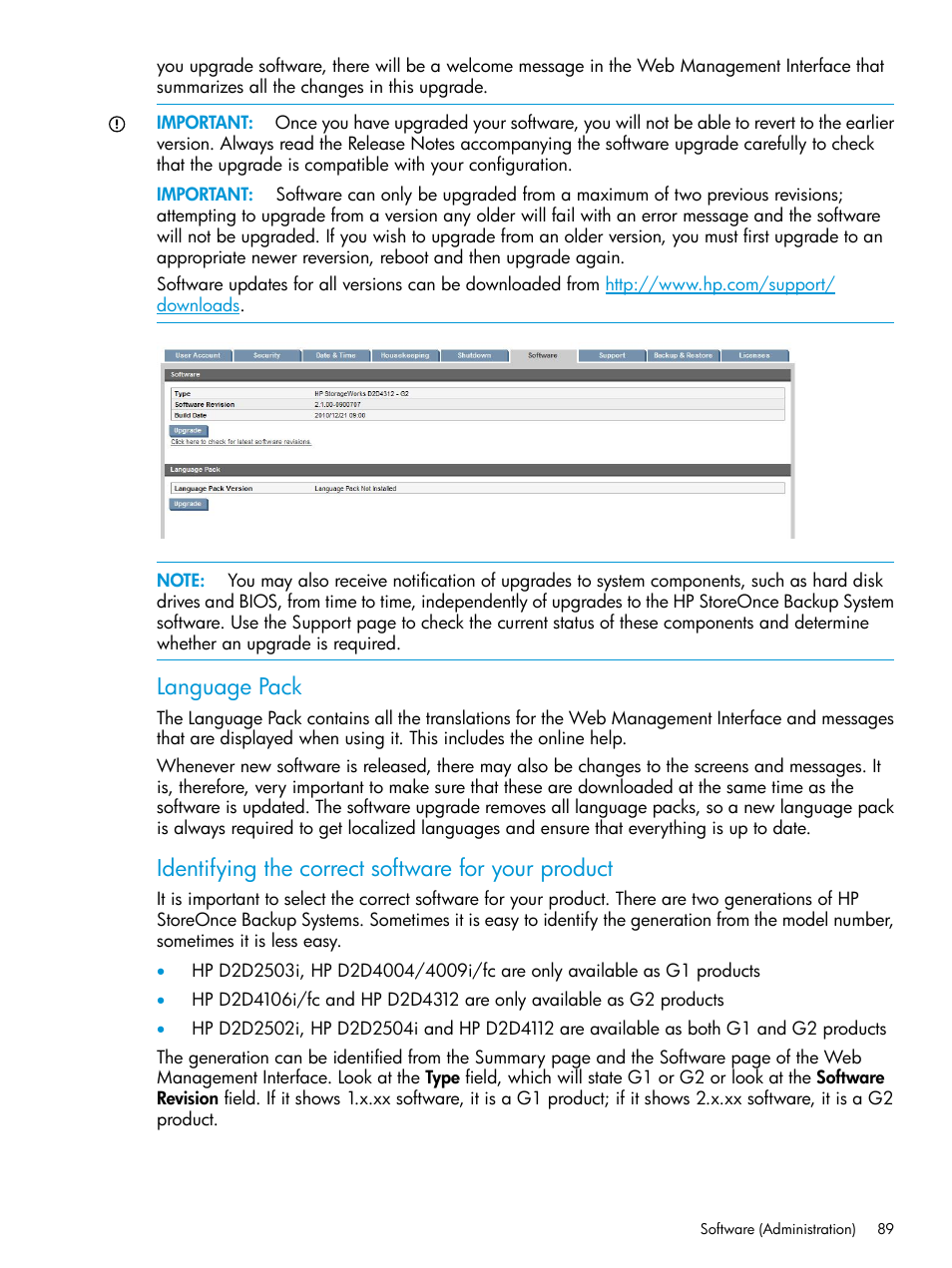 Language pack, Identifying the correct software for your product | HP StoreOnce Backup User Manual | Page 89 / 178