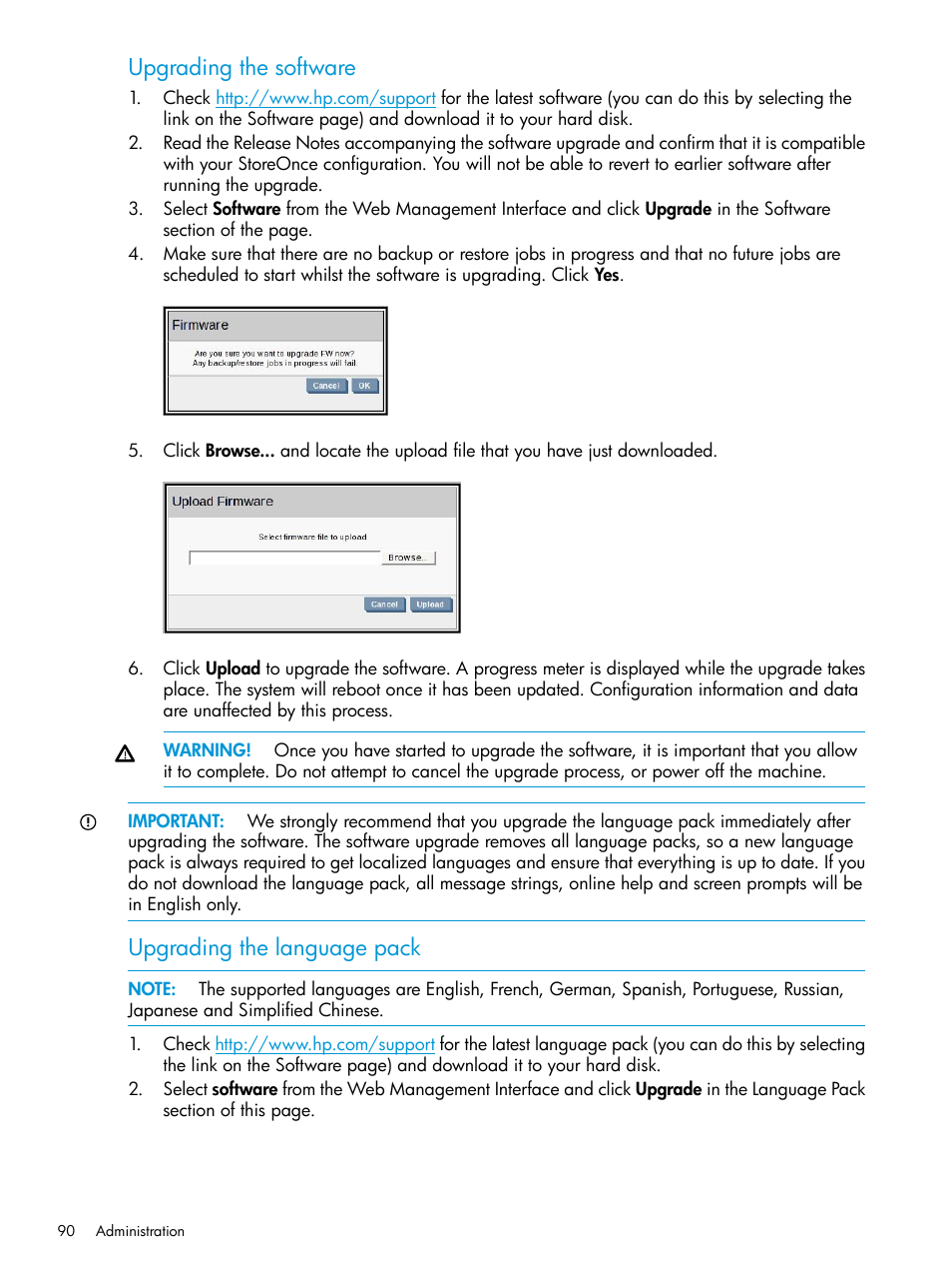 Upgrading the software, Upgrading the language pack | HP StoreOnce Backup User Manual | Page 90 / 178