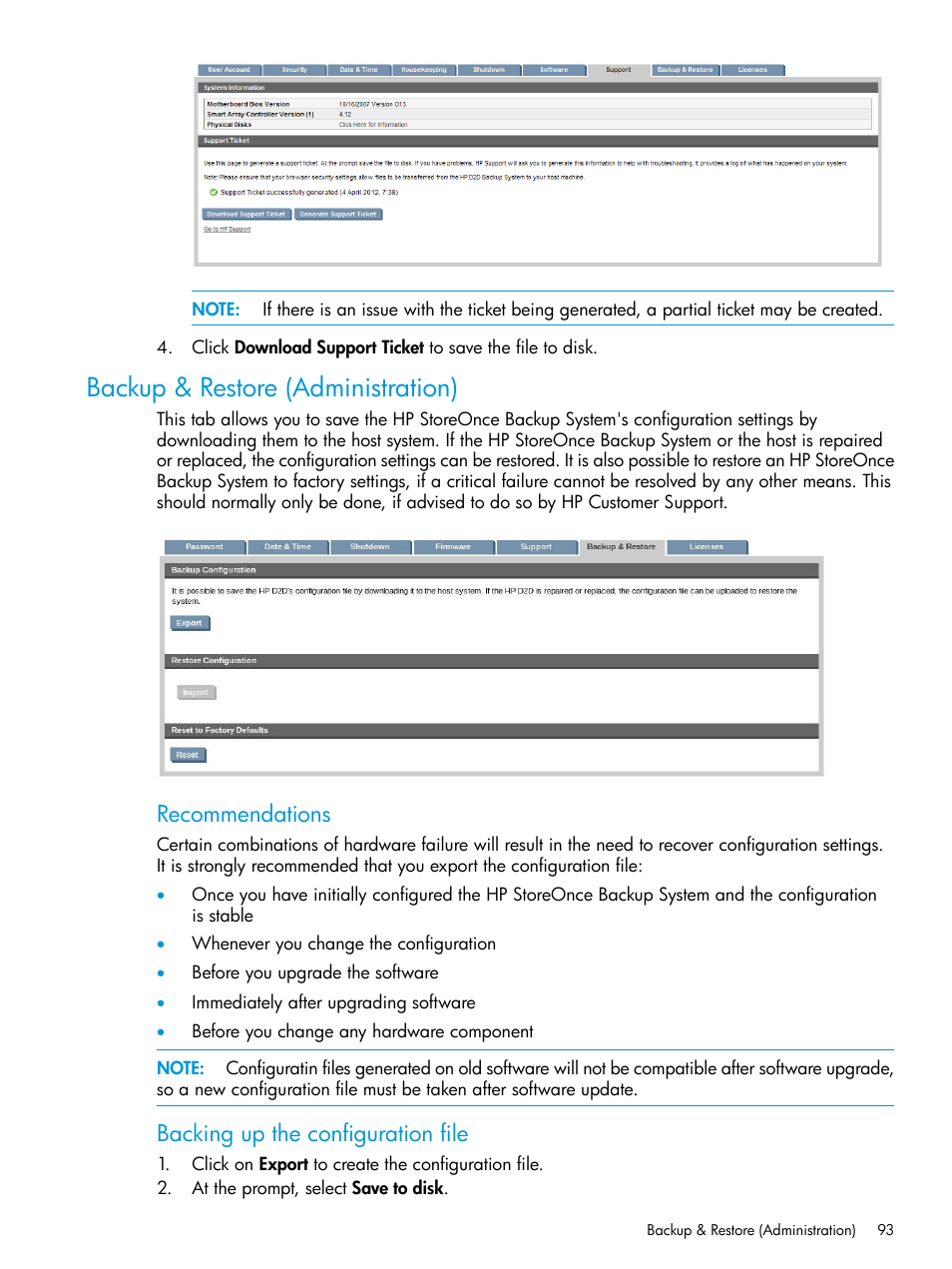 Backup & restore (administration), Backup and restore (administration), Recommendations | Backing up the configuration file | HP StoreOnce Backup User Manual | Page 93 / 178