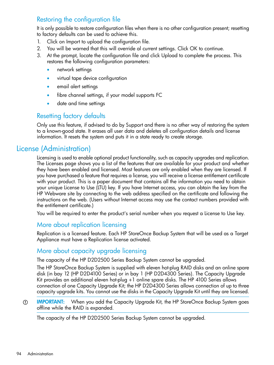 License (administration), License, Restoring the configuration file | Resetting factory defaults, More about replication licensing, More about capacity upgrade licensing | HP StoreOnce Backup User Manual | Page 94 / 178