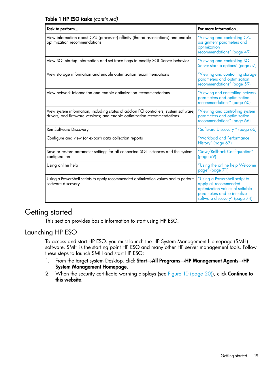 Getting started, Launching hp eso | HP ProLiant DL980 G7 Server User Manual | Page 19 / 81