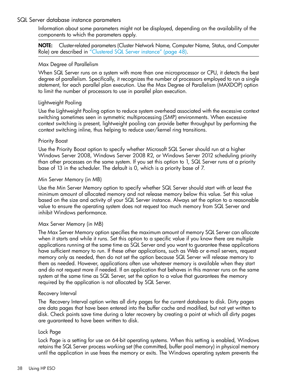 Sql server database instance parameters, Max degree of parallelism, Lightweight pooling | Priority boost, Min server memory (in mb), Max server memory (in mb), Recovery interval | HP ProLiant DL980 G7 Server User Manual | Page 38 / 81