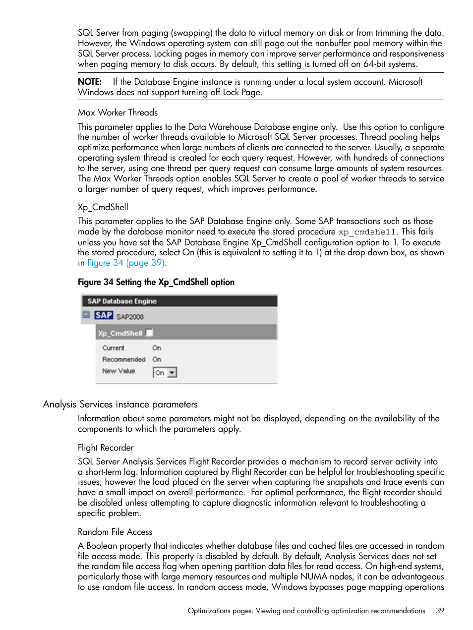 Max worker threads, Xp_cmdshell, Analysis services instance parameters | Flight recorder, Random file access, Max worker threads xp_cmdshell, Flight recorder random file access | HP ProLiant DL980 G7 Server User Manual | Page 39 / 81