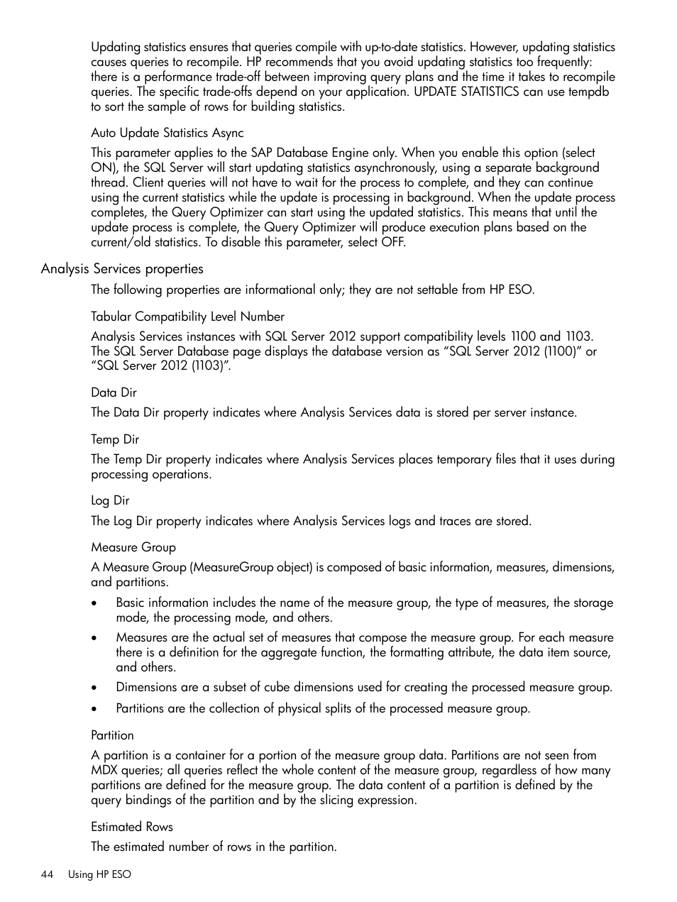 Auto update statistics async, Analysis services properties, Tabular compatibility level number | Data dir, Temp dir, Log dir, Measure group, Partition, Estimated rows | HP ProLiant DL980 G7 Server User Manual | Page 44 / 81