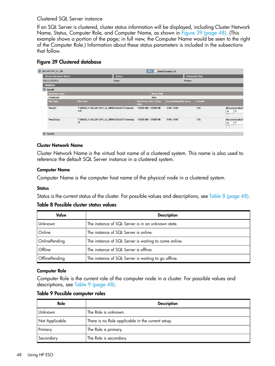Clustered sql server instance, Cluster network name, Computer name | Status, Computer role | HP ProLiant DL980 G7 Server User Manual | Page 48 / 81