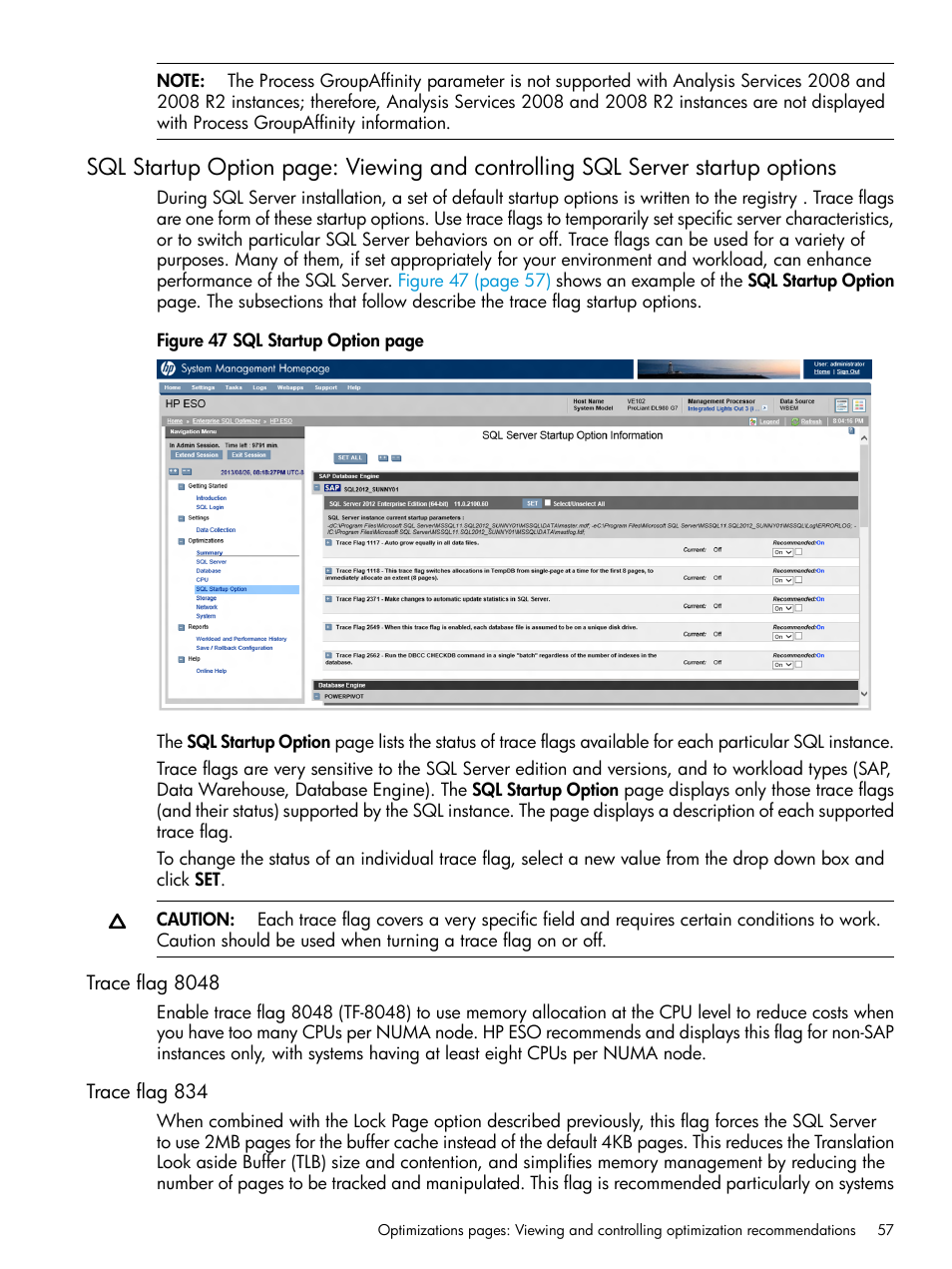 Trace flag 8048, Trace flag 834, Trace flag 8048 trace flag 834 | Viewing and controlling sql | HP ProLiant DL980 G7 Server User Manual | Page 57 / 81