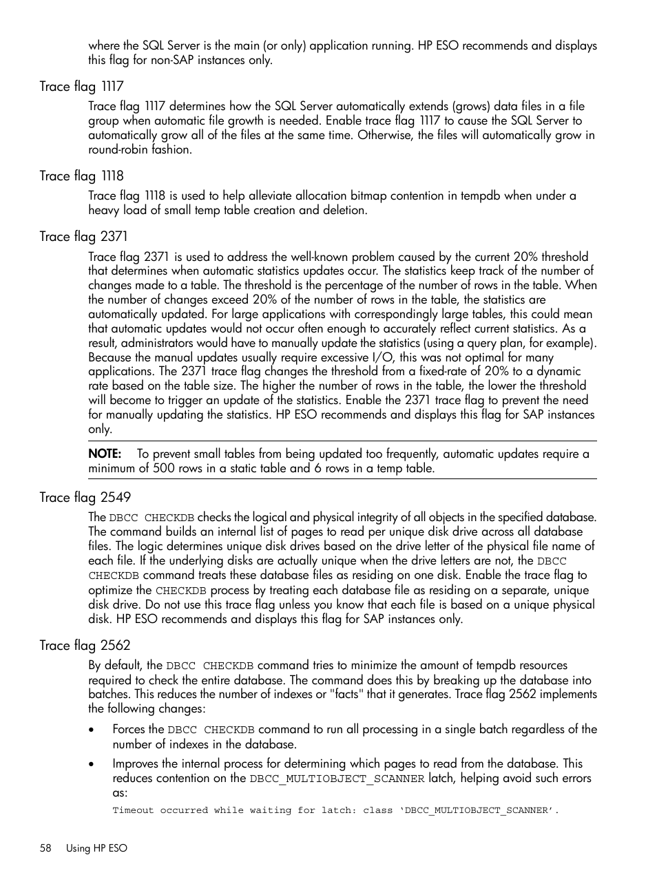 Trace flag 1117, Trace flag 1118, Trace flag 2371 | Trace flag 2549, Trace flag 2562 | HP ProLiant DL980 G7 Server User Manual | Page 58 / 81