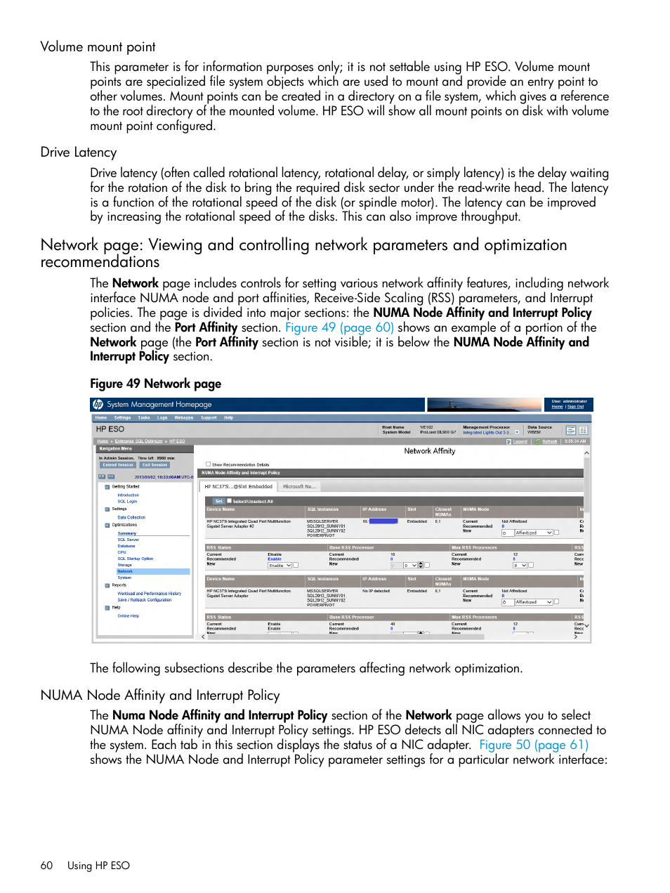 Volume mount point, Drive latency, Numa node affinity and interrupt policy | Volume mount point drive latency | HP ProLiant DL980 G7 Server User Manual | Page 60 / 81