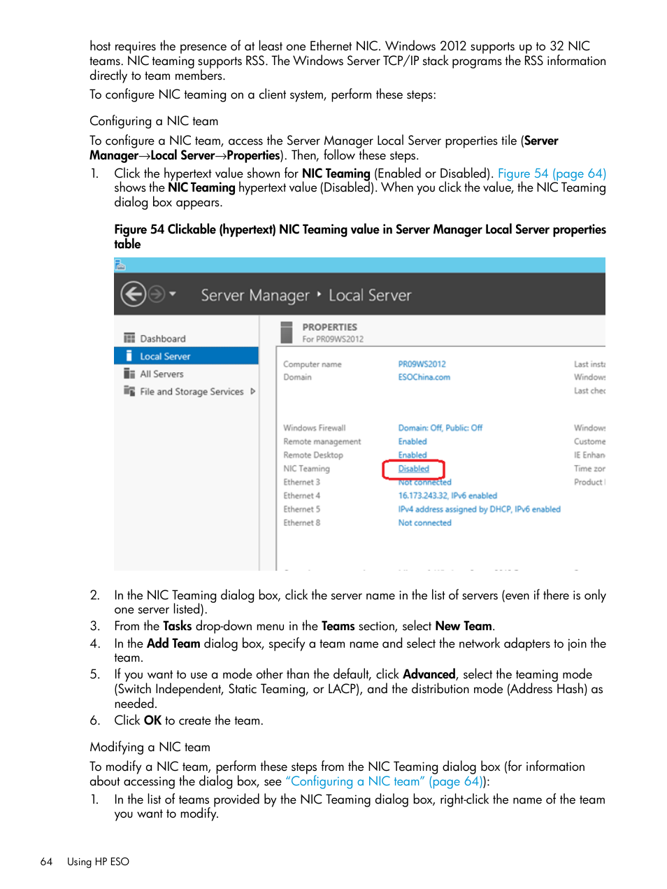 Configuring a nic team, Modifying a nic team, Configuring a nic team modifying a nic team | HP ProLiant DL980 G7 Server User Manual | Page 64 / 81