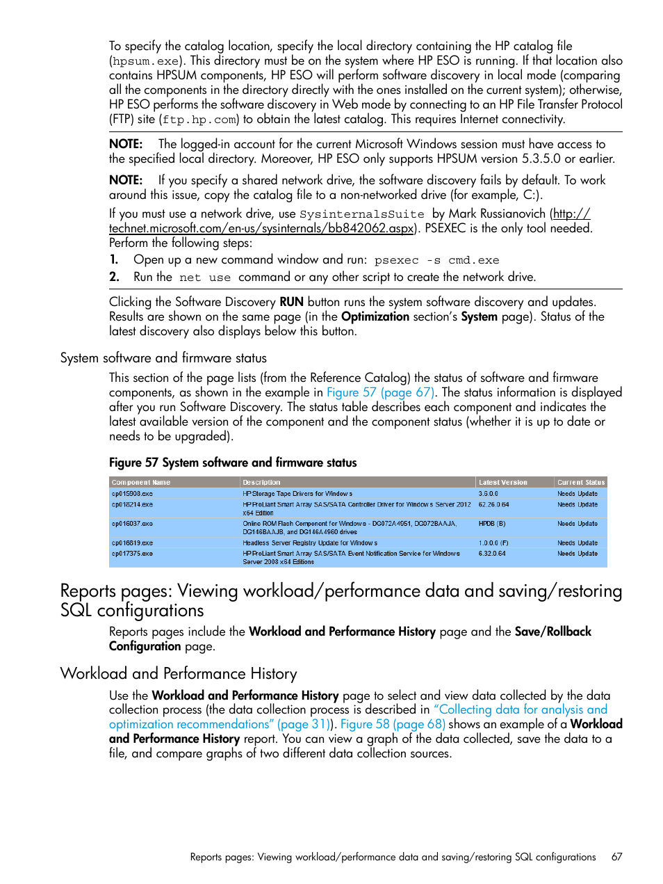 System software and firmware status, Workload and performance history | HP ProLiant DL980 G7 Server User Manual | Page 67 / 81