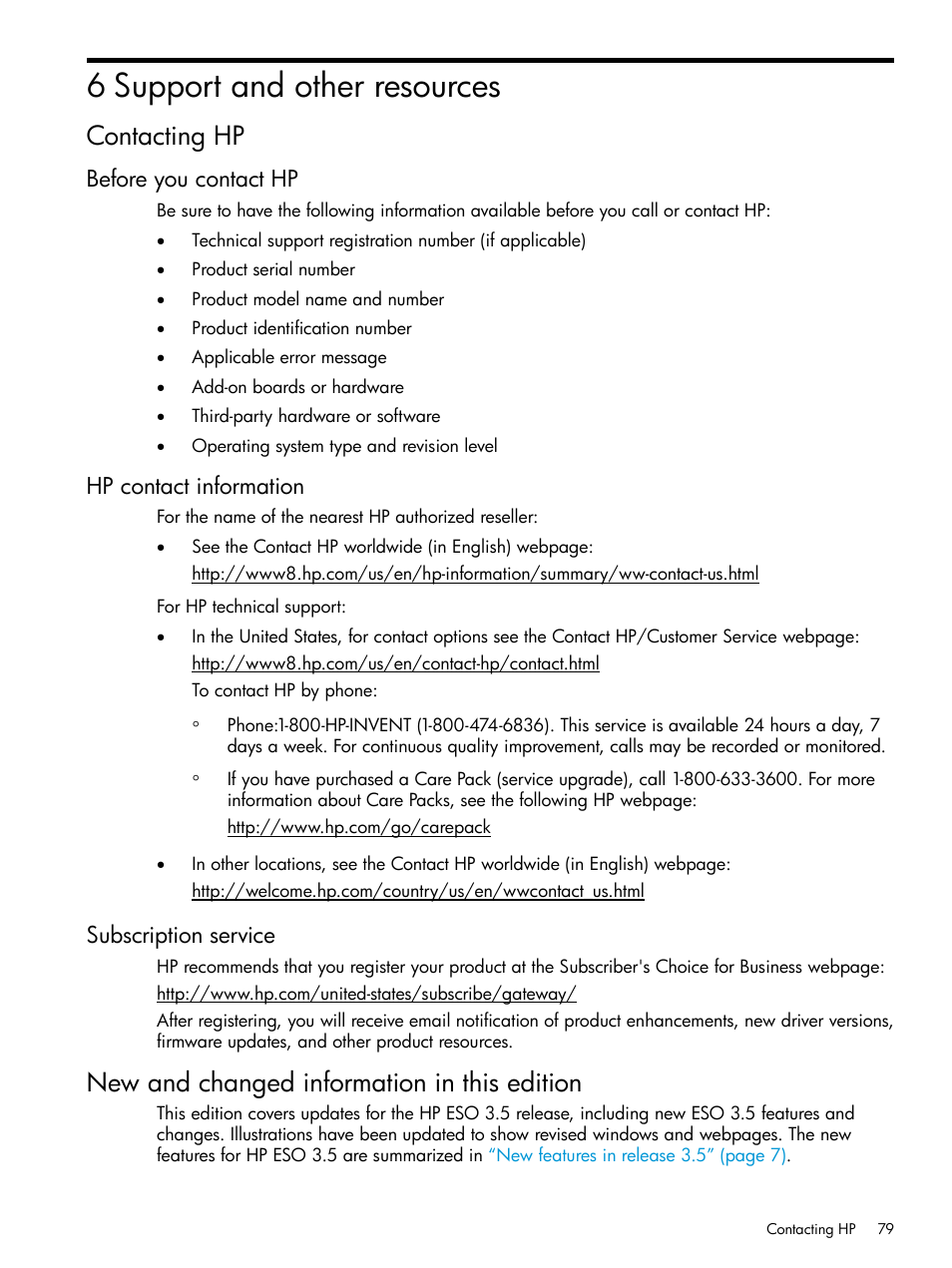 6 support and other resources, Contacting hp, Before you contact hp | Hp contact information, Subscription service, New and changed information in this edition | HP ProLiant DL980 G7 Server User Manual | Page 79 / 81