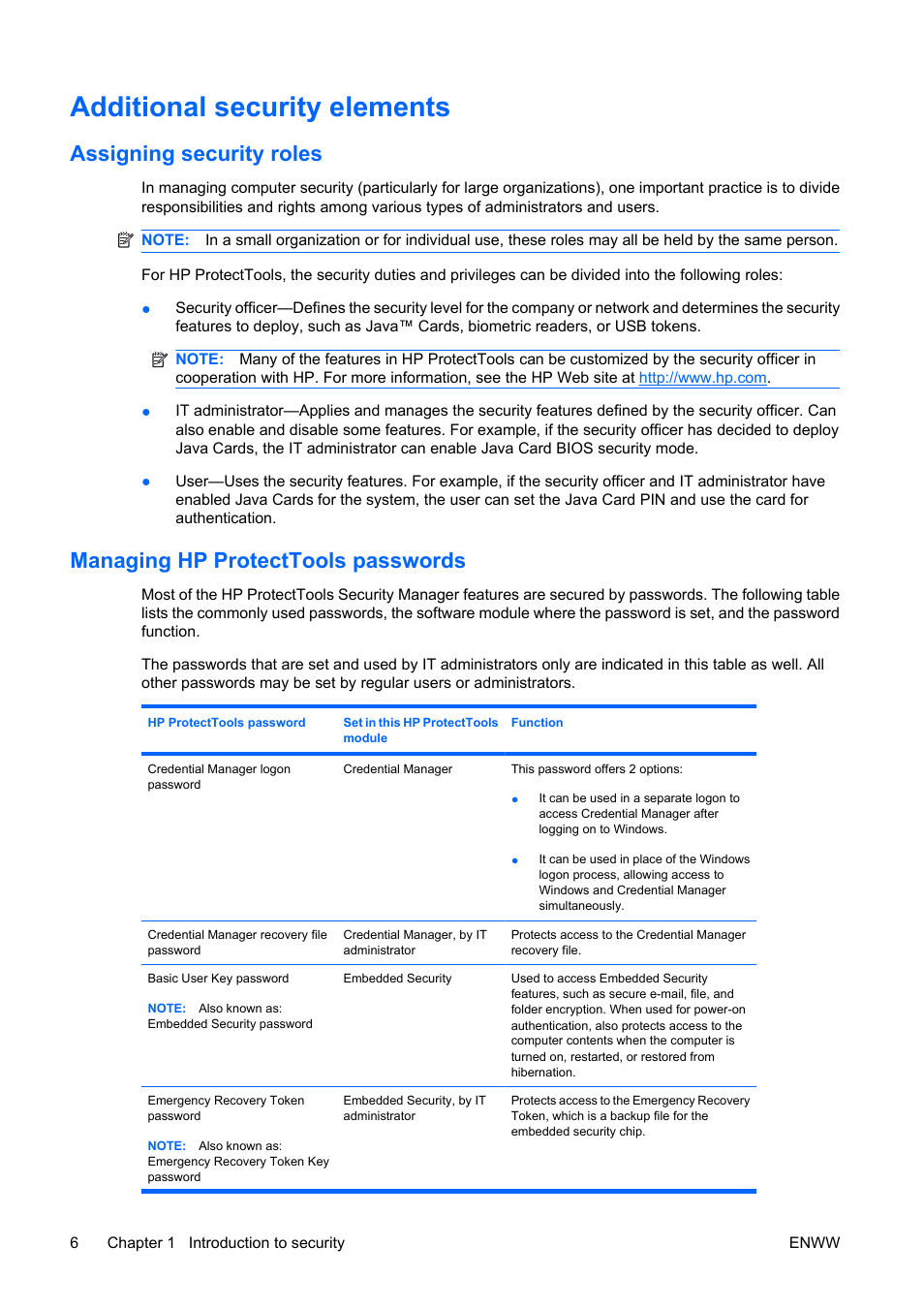 Additional security elements, Assigning security roles, Managing hp protecttools passwords | HP Compaq dc5750 Microtower-PC User Manual | Page 12 / 79
