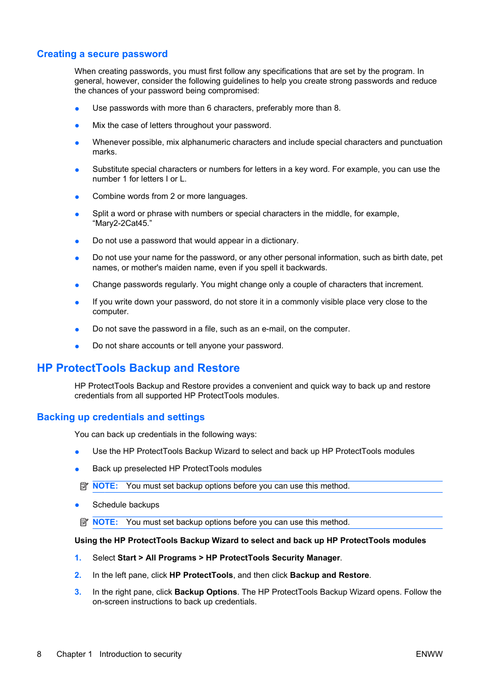 Creating a secure password, Hp protecttools backup and restore, Backing up credentials and settings | HP Compaq dc5750 Microtower-PC User Manual | Page 14 / 79