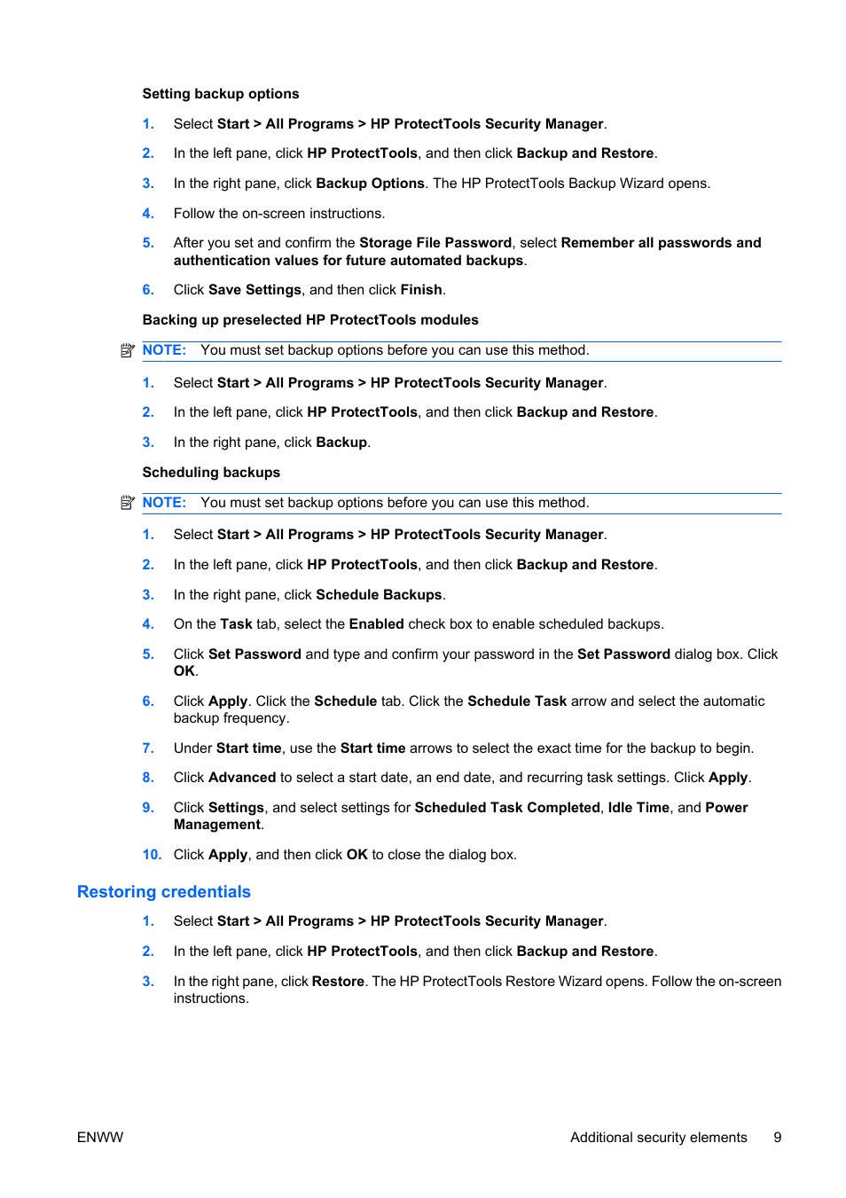 Restoring credentials | HP Compaq dc5750 Microtower-PC User Manual | Page 15 / 79