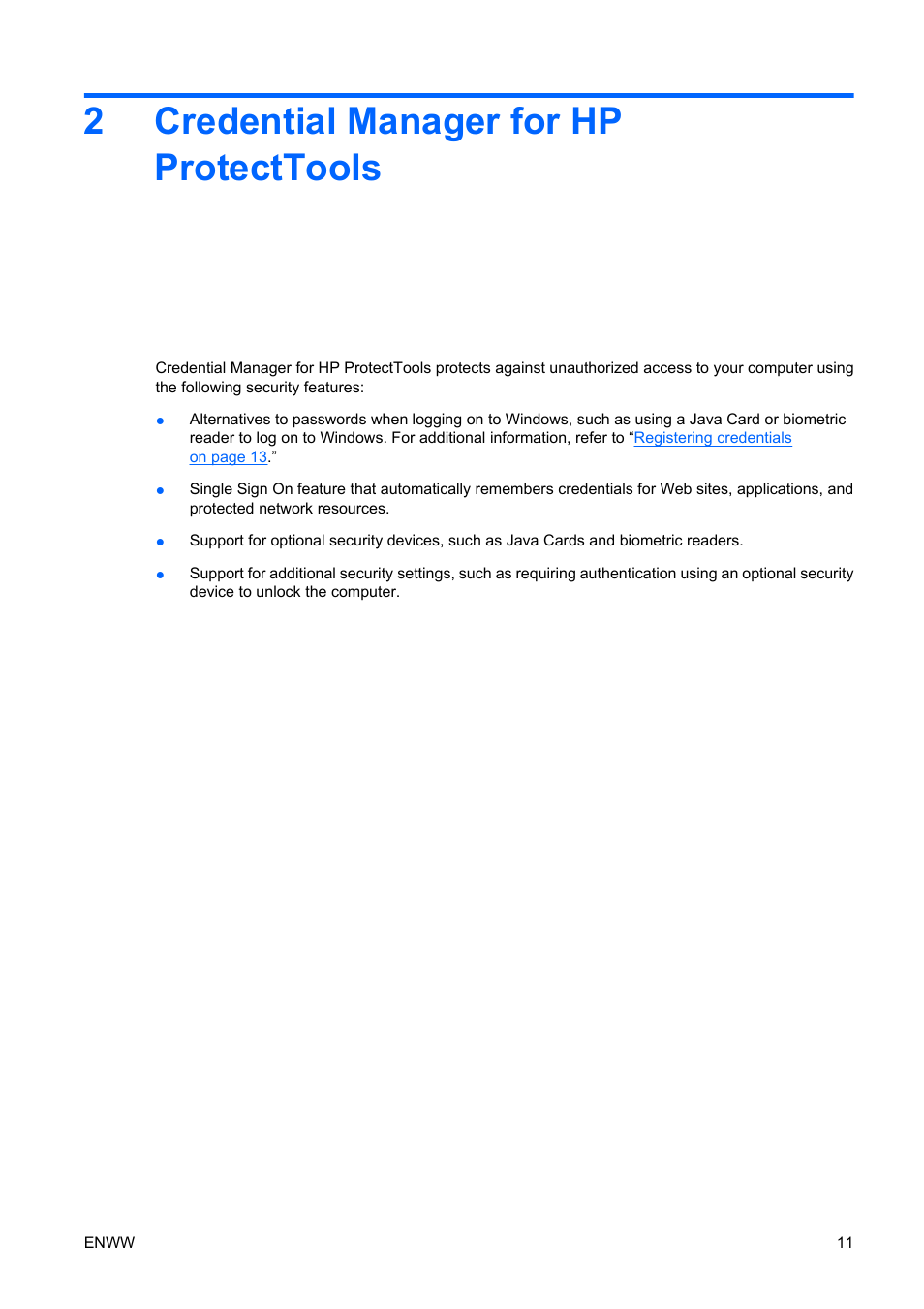 Credential manager for hp protecttools, 2 credential manager for hp protecttools, 2credential manager for hp protecttools | HP Compaq dc5750 Microtower-PC User Manual | Page 17 / 79