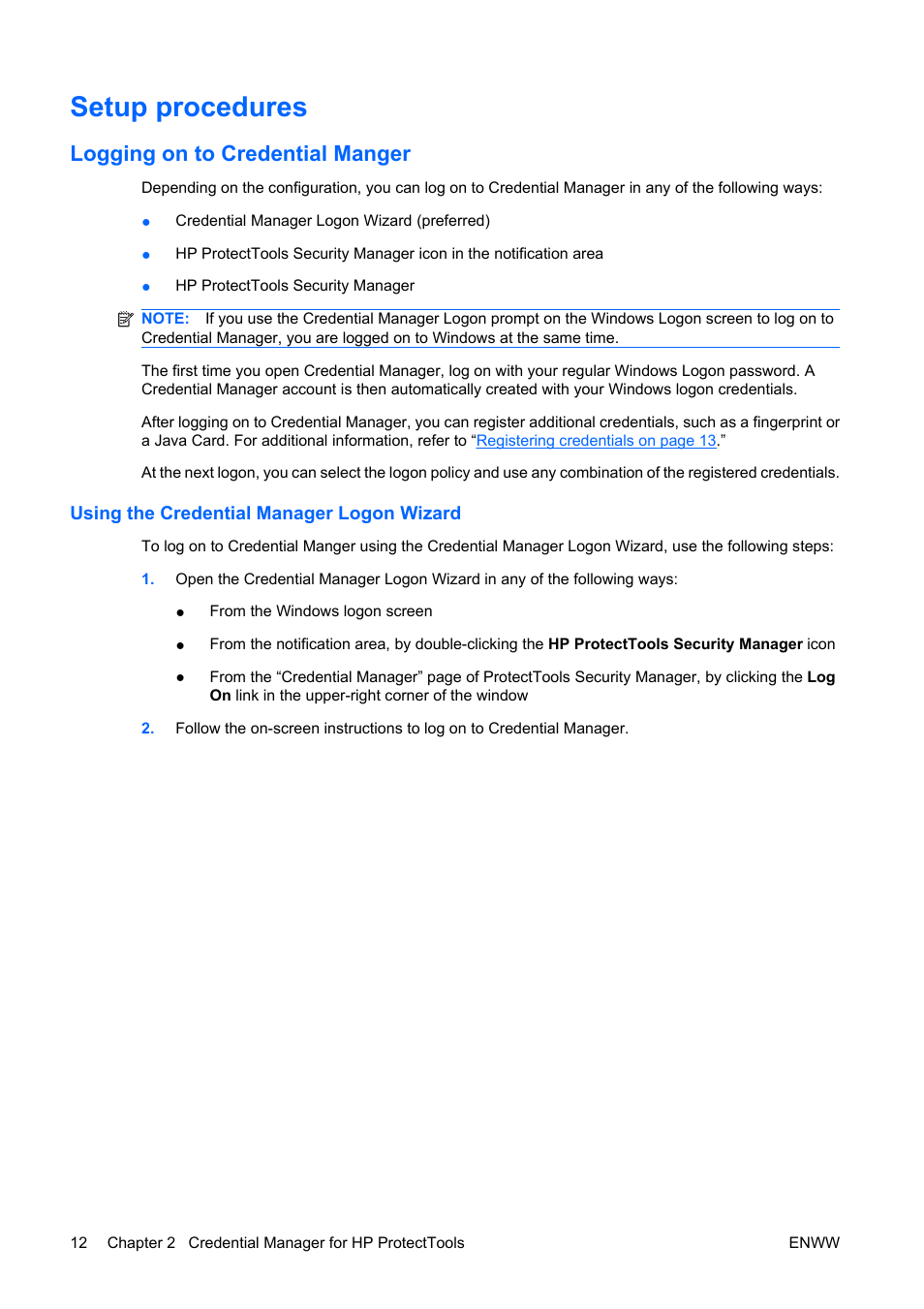 Setup procedures, Logging on to credential manger, Using the credential manager logon wizard | HP Compaq dc5750 Microtower-PC User Manual | Page 18 / 79