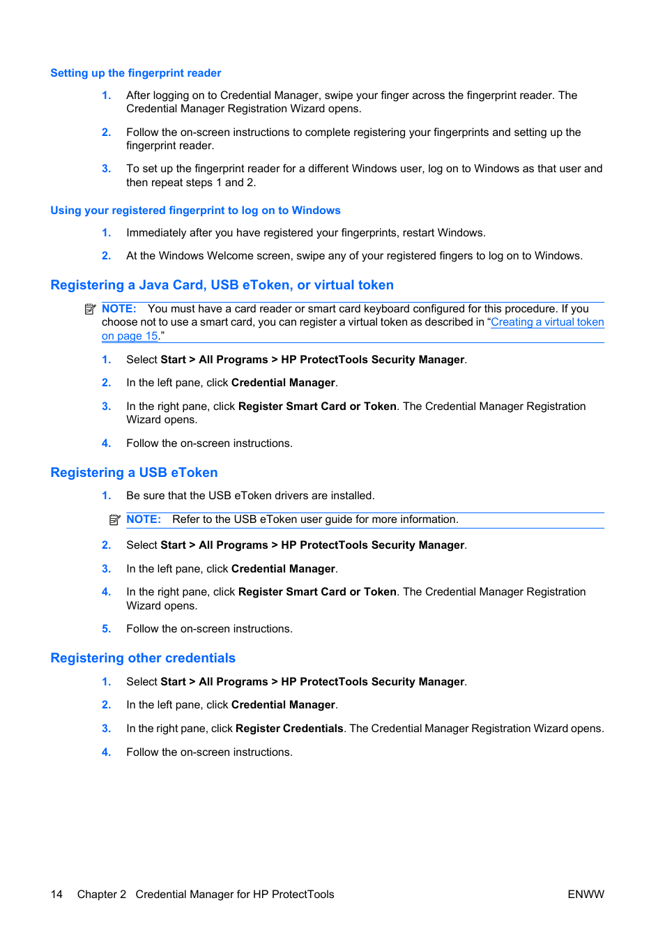 Setting up the fingerprint reader, Registering a usb etoken, Registering other credentials | HP Compaq dc5750 Microtower-PC User Manual | Page 20 / 79