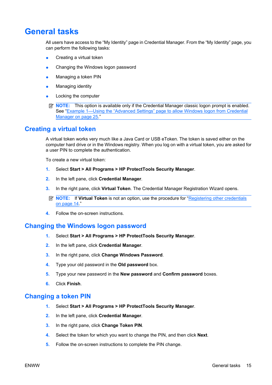 General tasks, Creating a virtual token, Changing the windows logon password | Changing a token pin | HP Compaq dc5750 Microtower-PC User Manual | Page 21 / 79