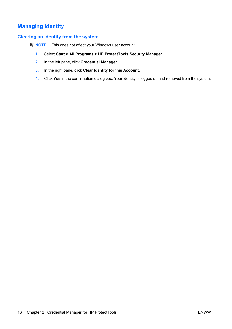 Managing identity, Clearing an identity from the system | HP Compaq dc5750 Microtower-PC User Manual | Page 22 / 79