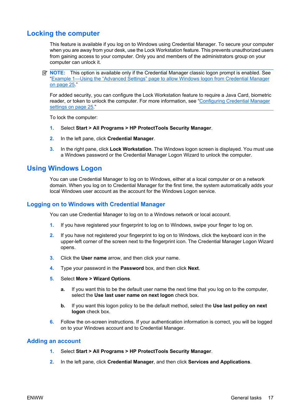 Locking the computer, Using windows logon, Logging on to windows with credential manager | Adding an account, Locking the computer using windows logon | HP Compaq dc5750 Microtower-PC User Manual | Page 23 / 79