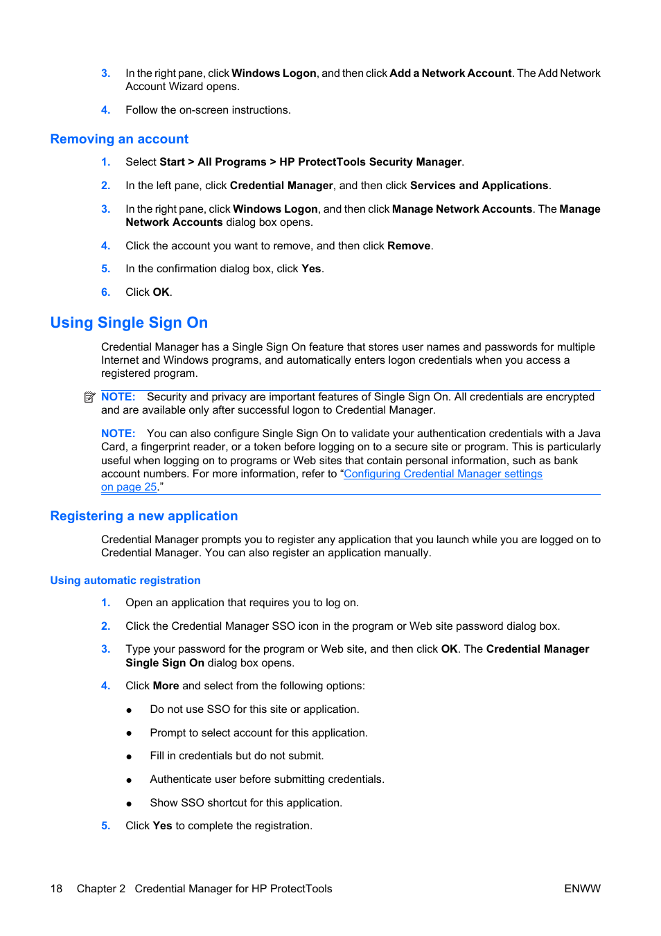 Removing an account, Using single sign on, Registering a new application | Using automatic registration | HP Compaq dc5750 Microtower-PC User Manual | Page 24 / 79